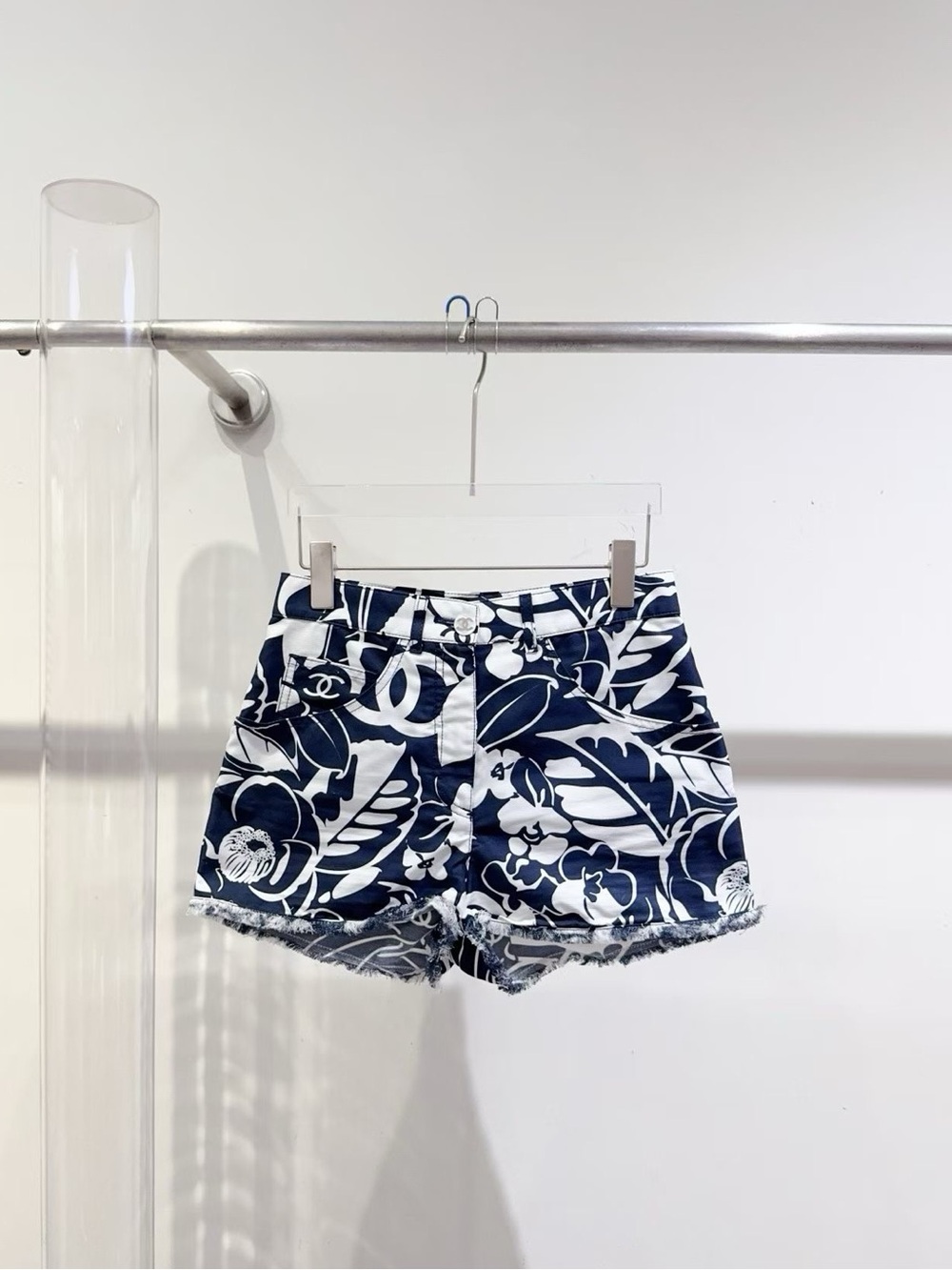 CHANEL Navy and White Logo Floral Denim Shorts